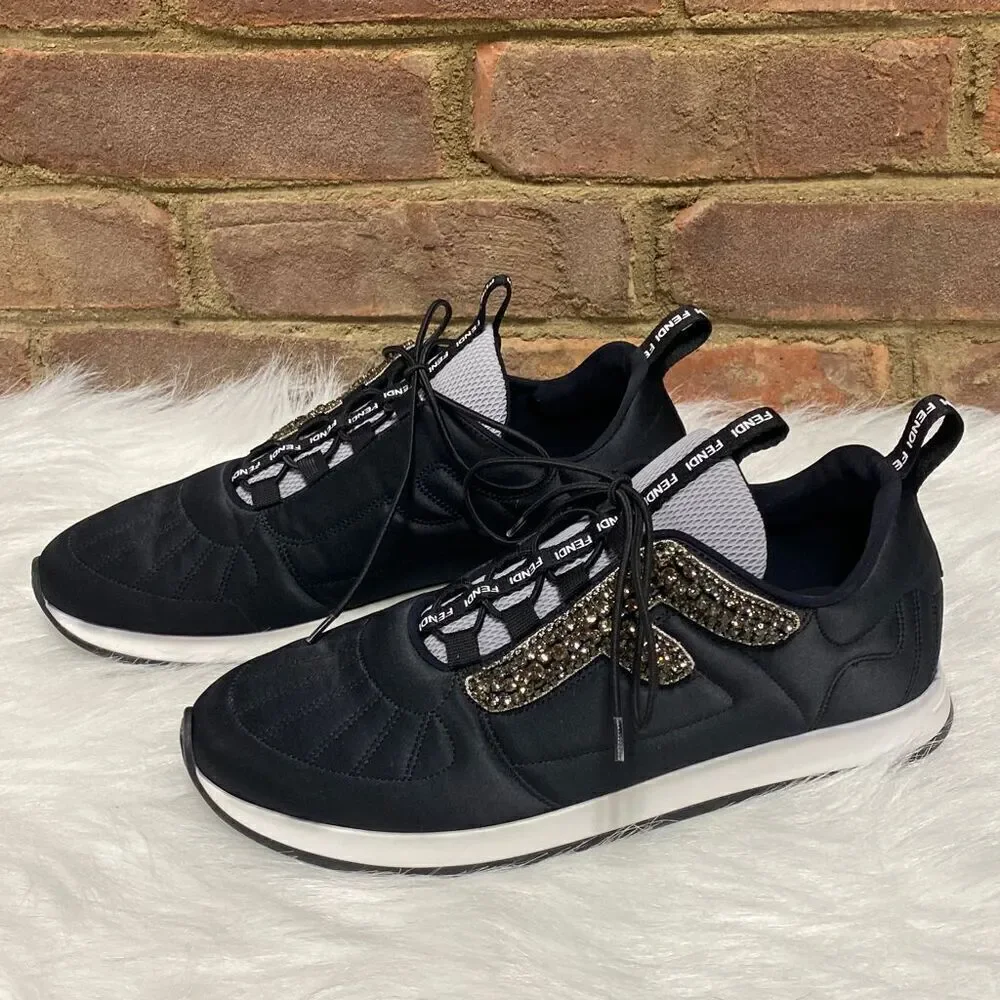 Fendi Embellished Black Satin Sneakers Size 37.5 - Picture 2 of 10